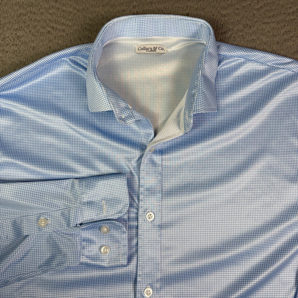 Collars and Co Dress Collar Polo Shirt Mens XL Blue Houndstooth Long Sleeve